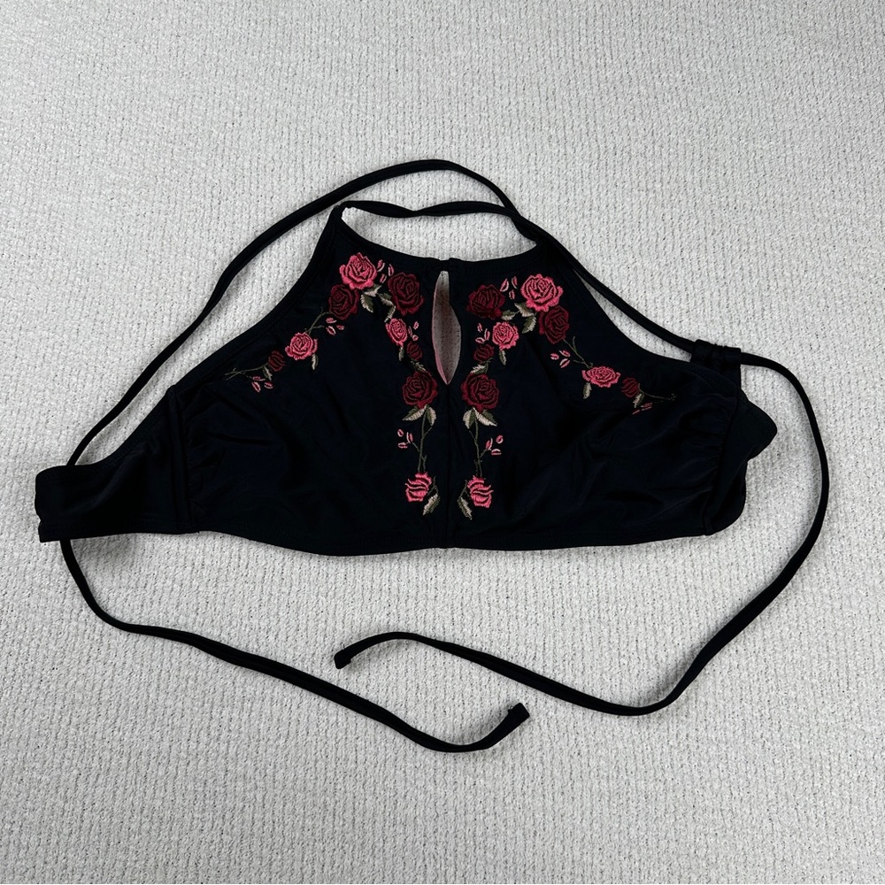 Xhilaration Black Halter Top with Floral Embroidery Swim Bikini
